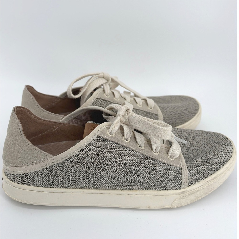 OluKai Women 10 Pehuea Li Gray Tan Mesh Lace Up Sneaker Comfort Shoe Coastal